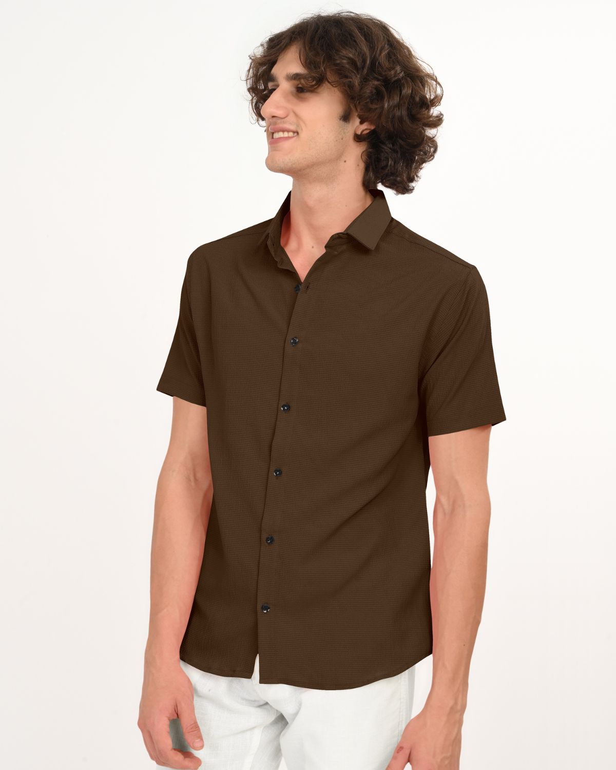 Angled view of men’s brown textured half sleeve shirt