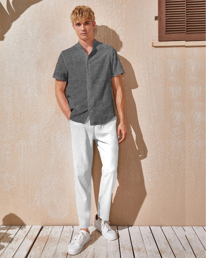 Ash Linen Collarless Shirt front view

