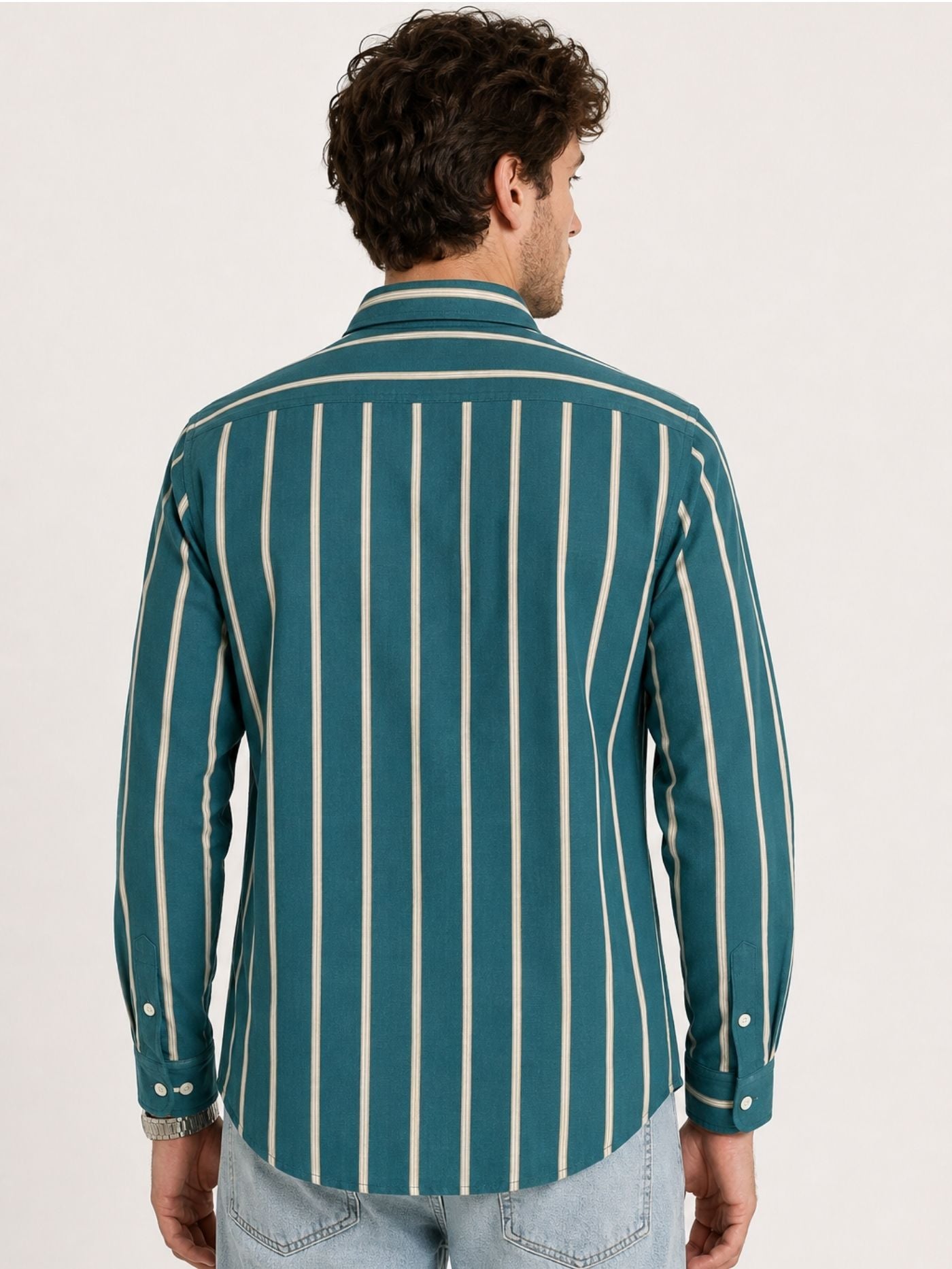 Back view of Aeron deep teal striped full-sleeve shirt for men
