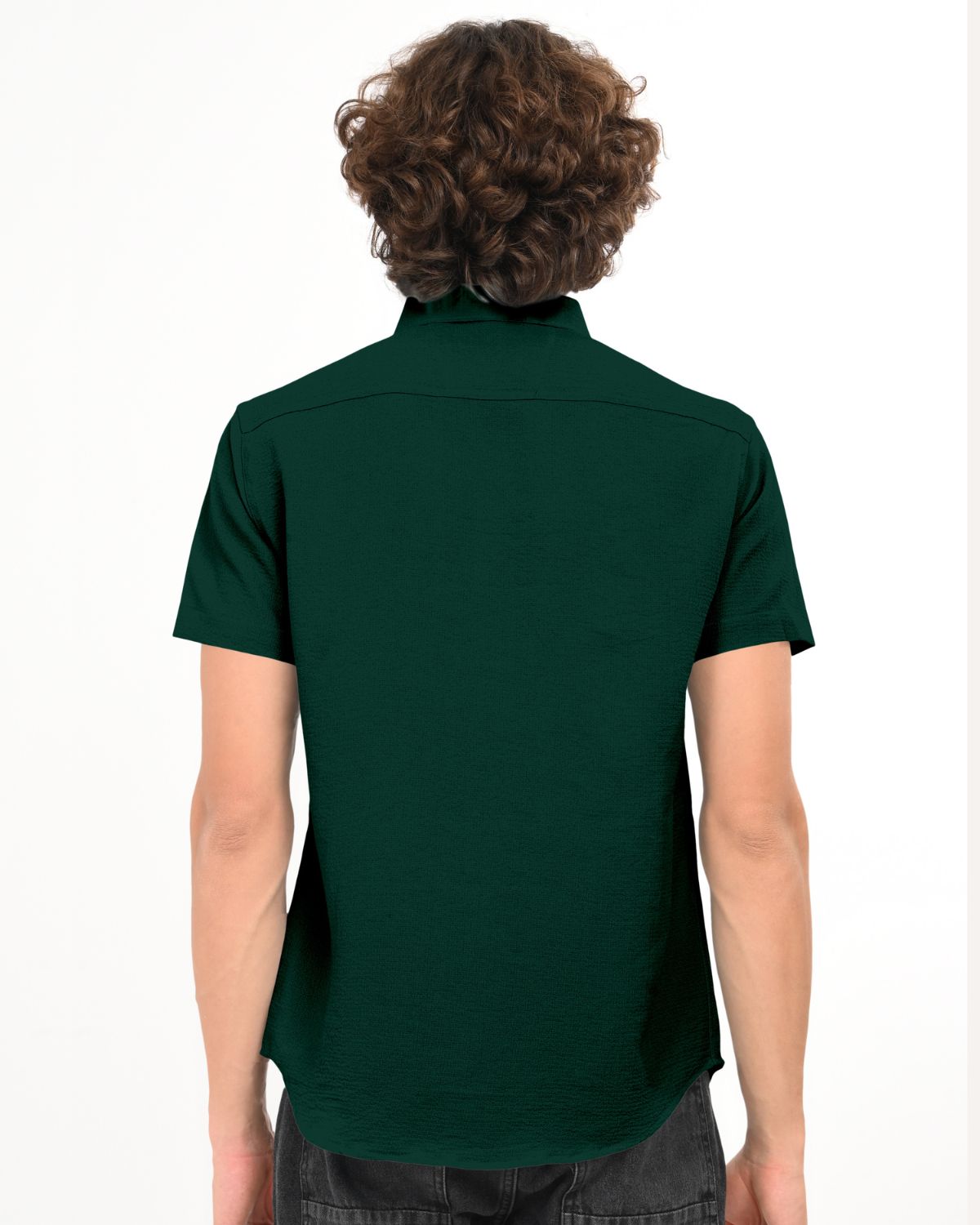 Back view of men’s dark green textured short sleeve shirt