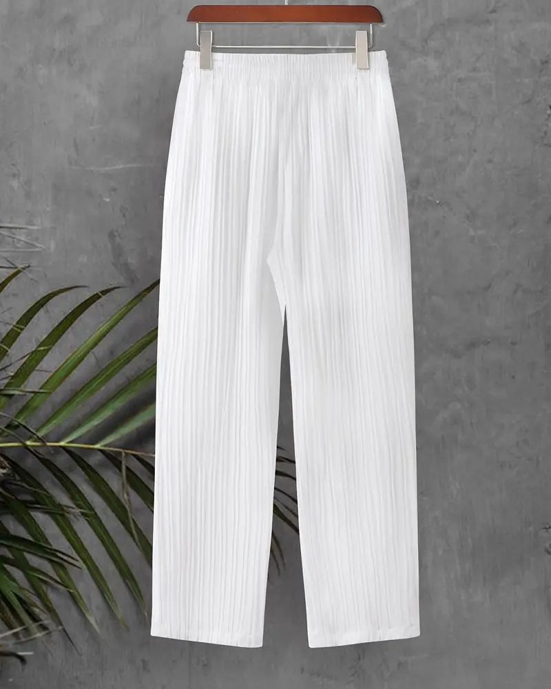 Back view of men’s white pleated lounge pants with straight-leg cut