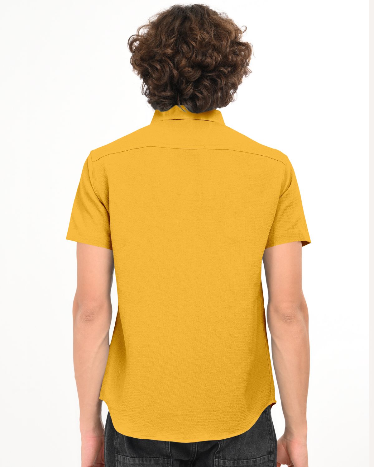 Back view of mustard crinkle short sleeve shirt for men