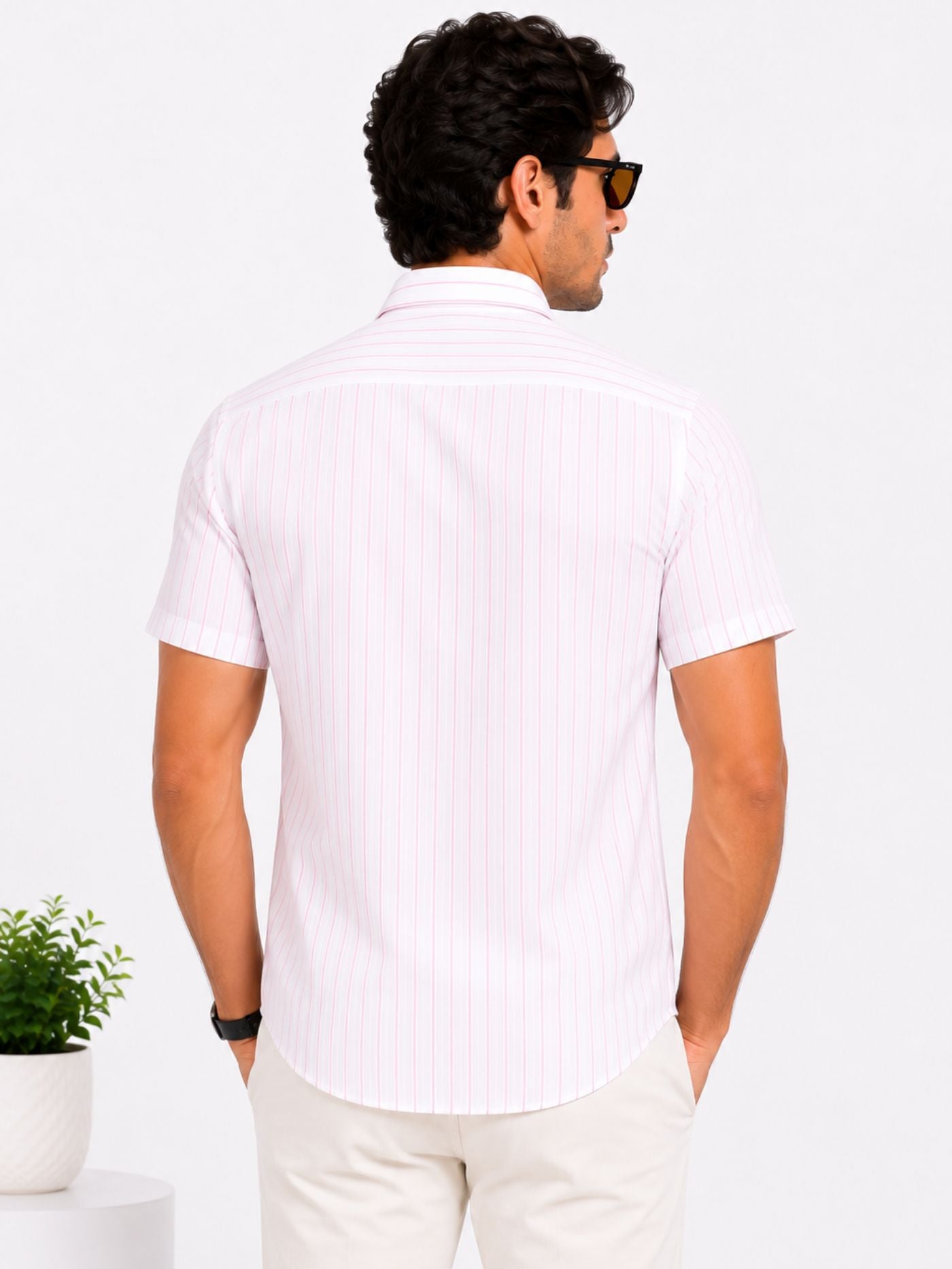Back view of the Elio white and blush-pink striped shirt