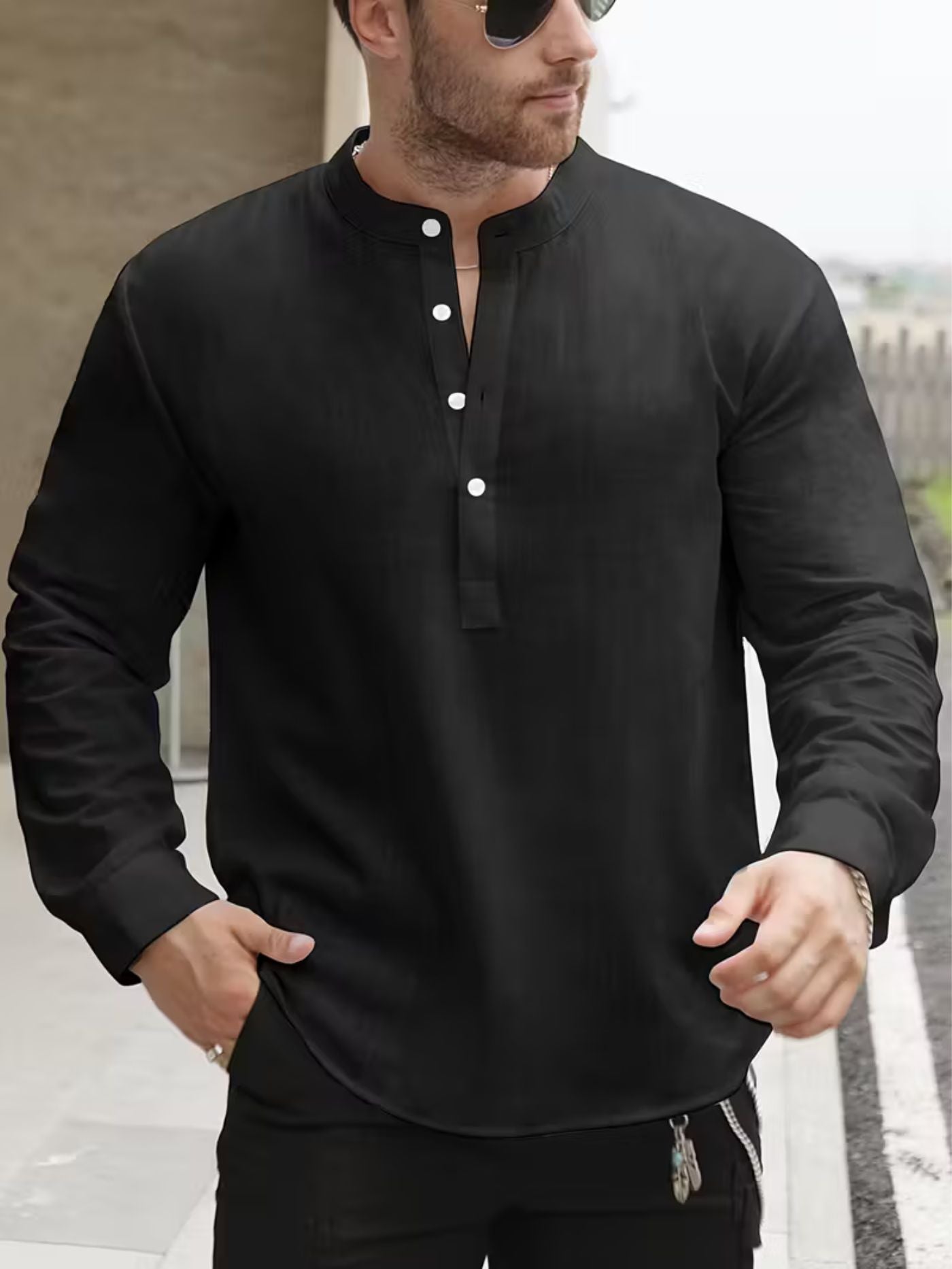 Black mandarin collar breathable shirt for men