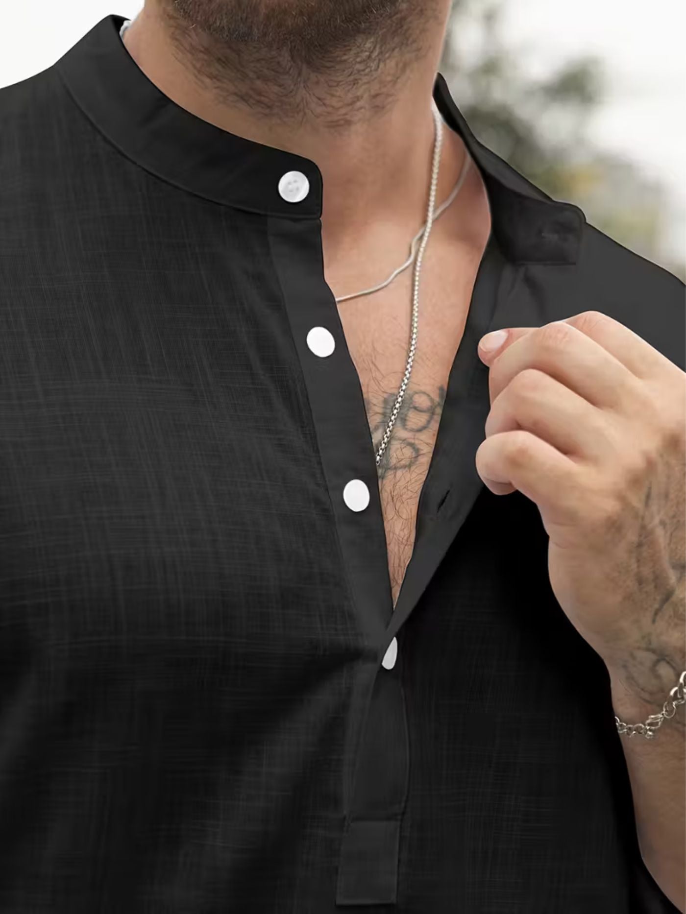 Close-up collar detail black engineered shirt