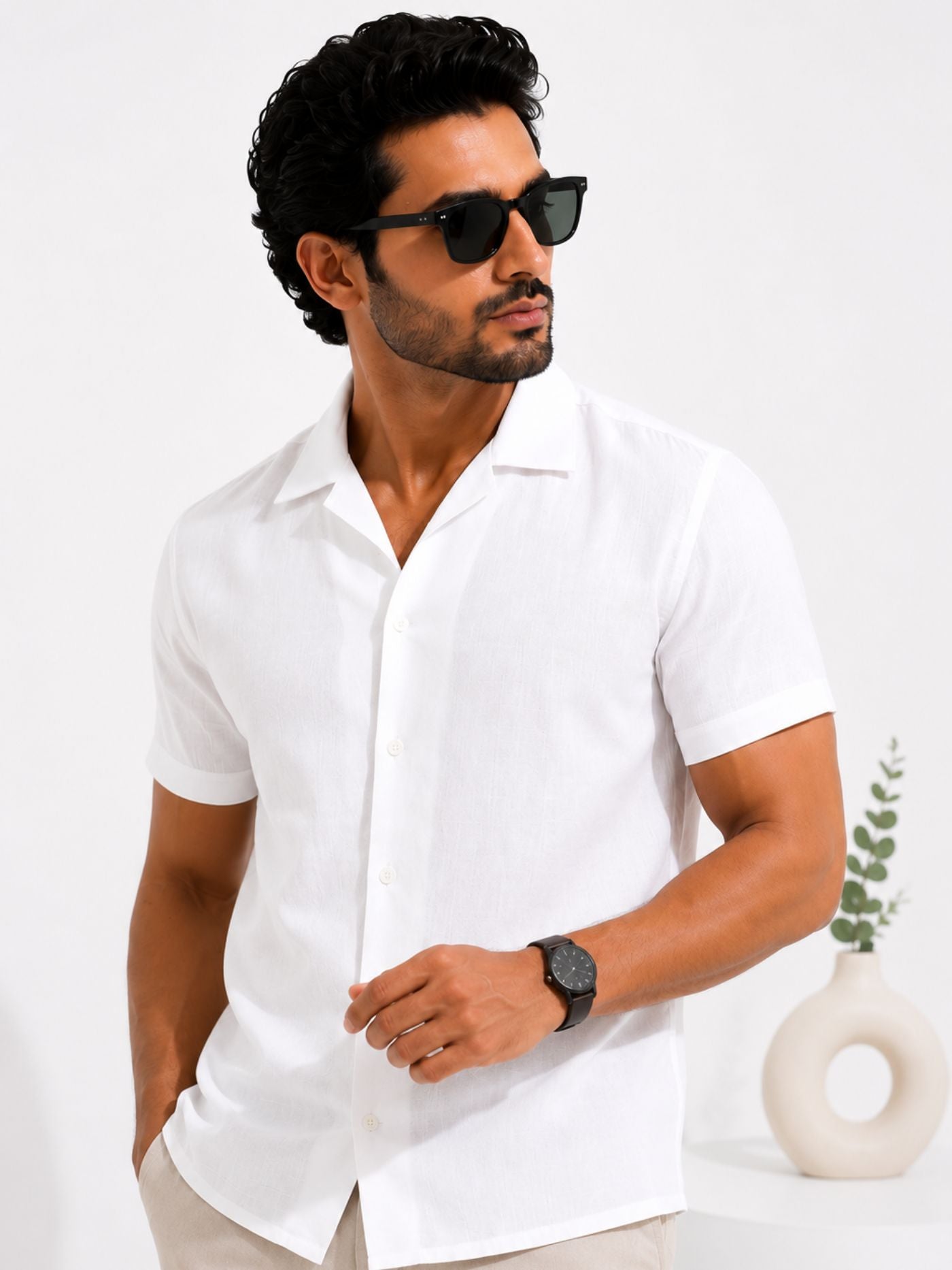 Close-up view of the Lucent Pure White Swiss Linen shirt for men