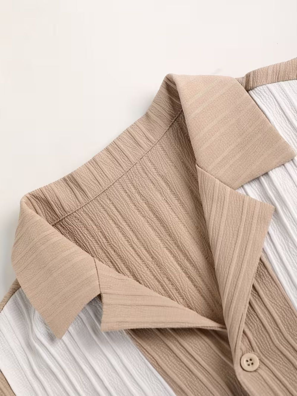 Collar and shoulder view of men’s sand edition streetwear shirt made with breathable all season fabric