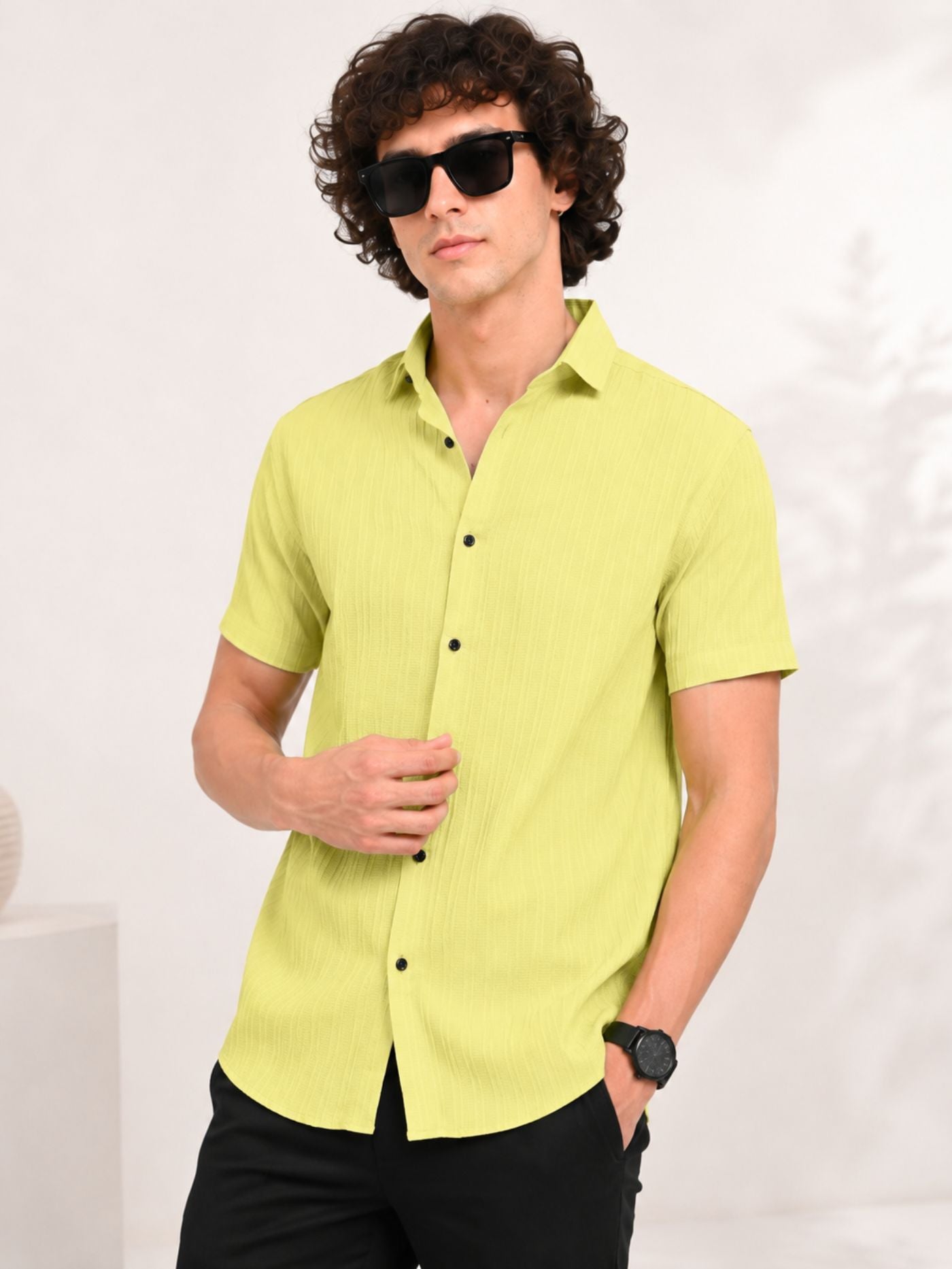 Cottonfolk Solace Lime Zest textured shirt front three-quarter view