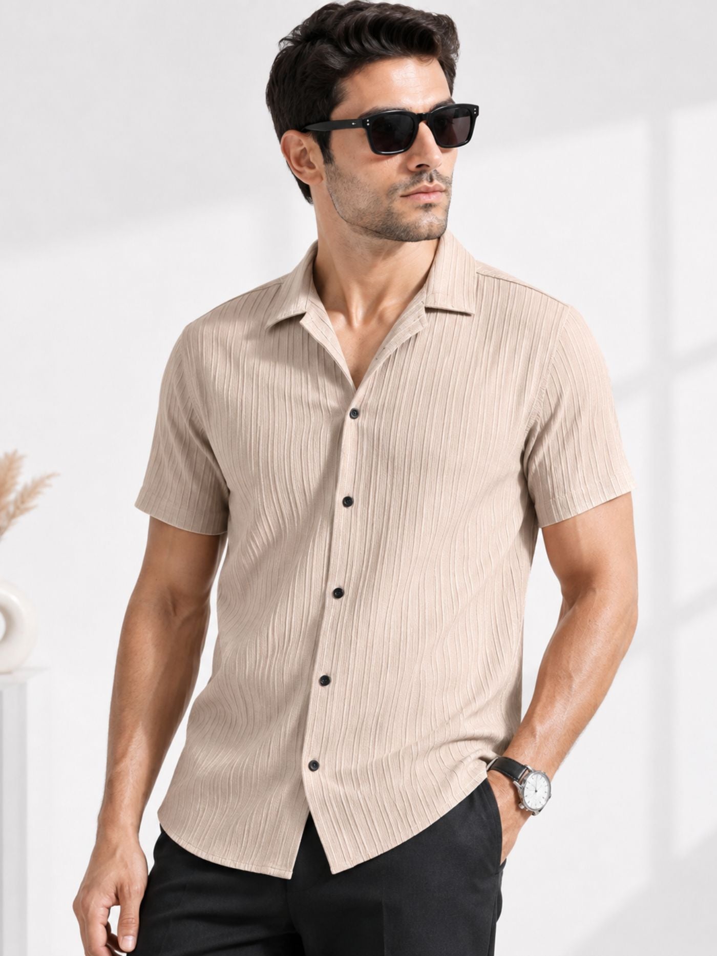 Cottonfolk Solace sand beige textured resort collar shirt front view