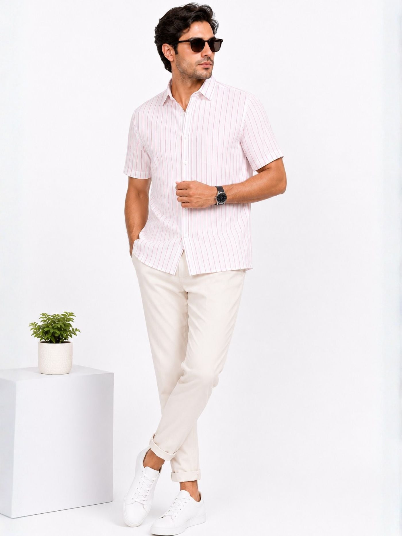 Elio Blush Pink striped shirt with coordinated trousers