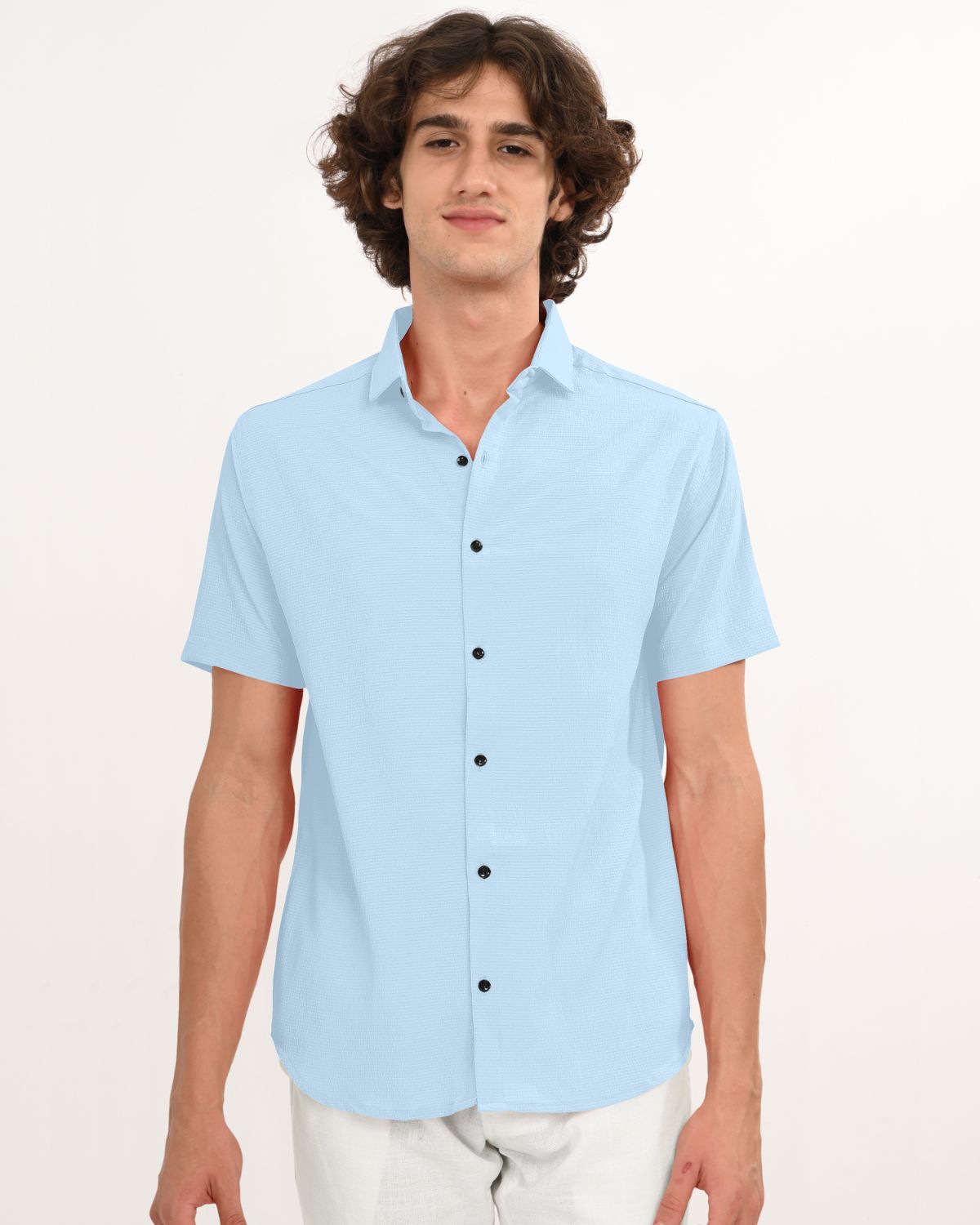 Front straight view of sky blue crinkle textured shirt