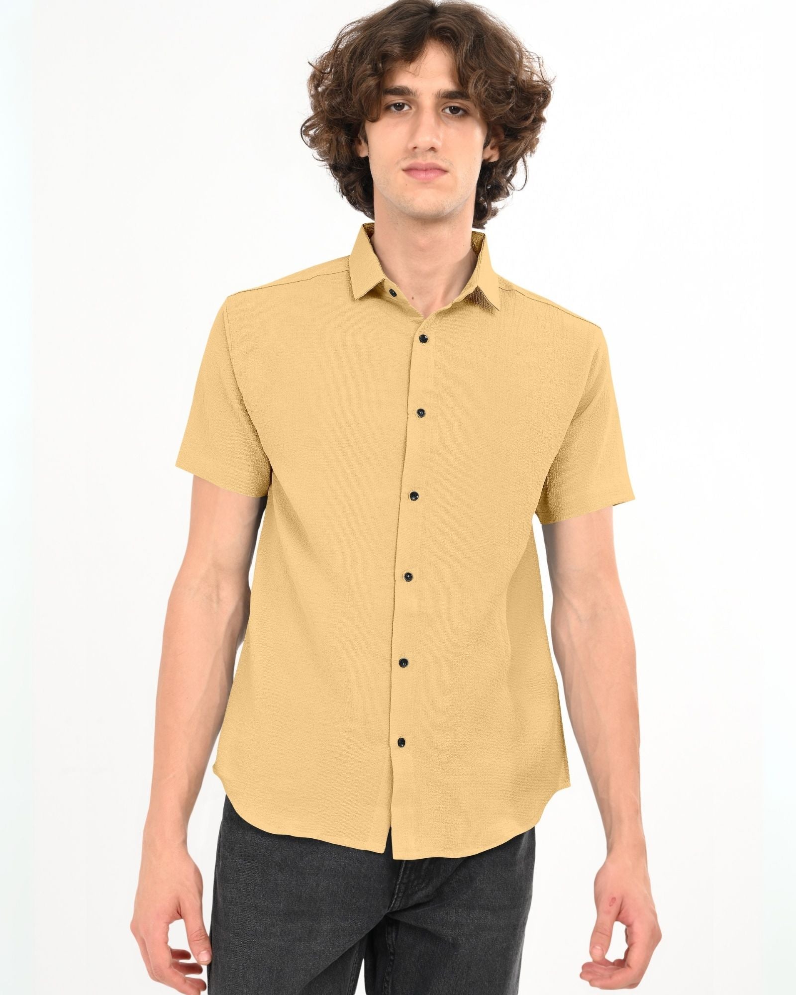 Front view of beige textured short sleeve button-up shirt for men