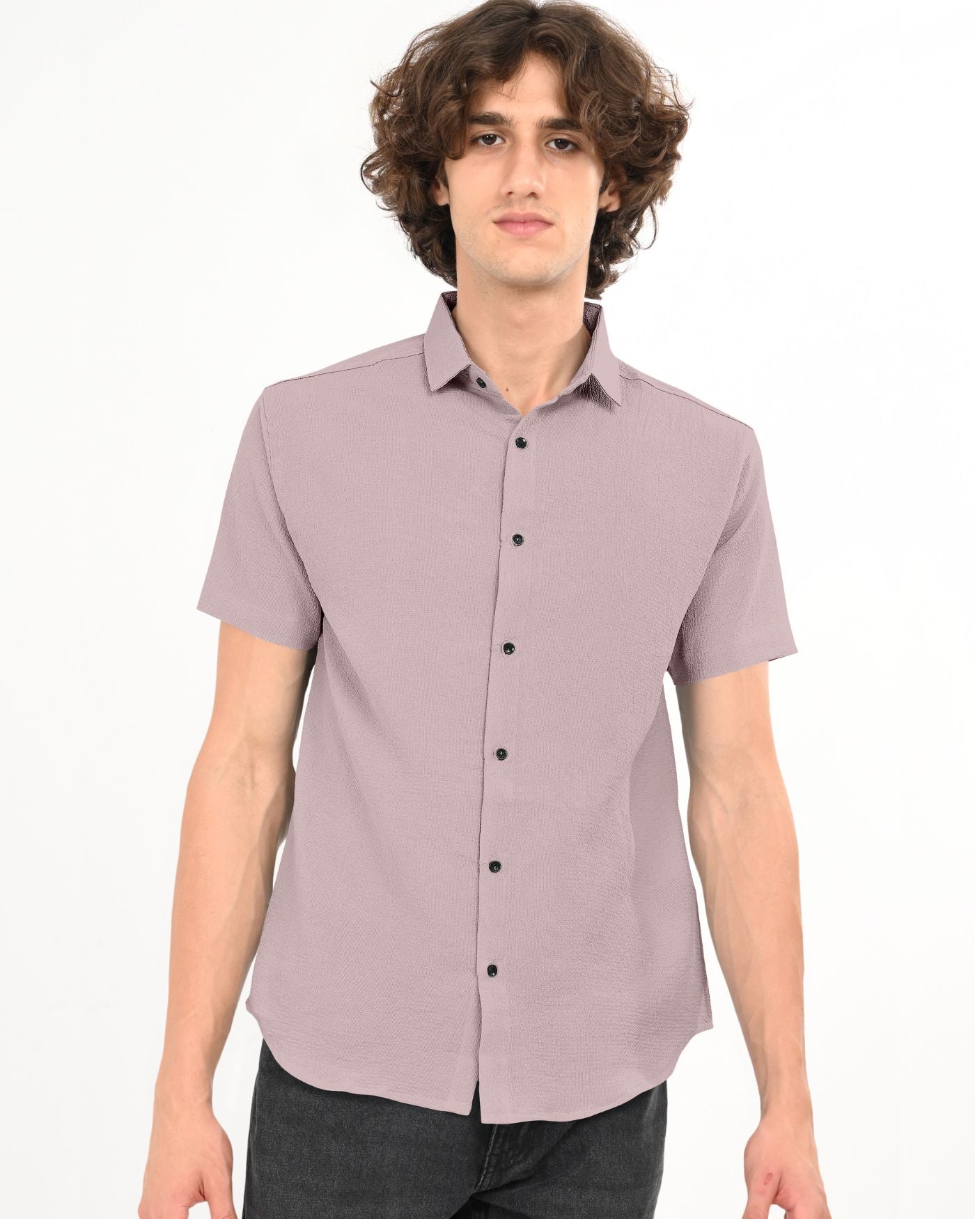 Front view of dusty mauve crinkle textured short sleeve shirt for men