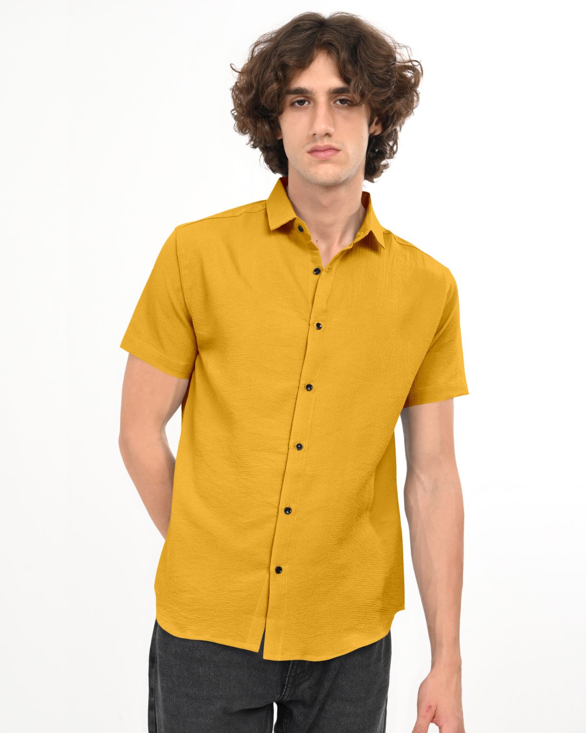 Front view of golden mustard textured short sleeve shirt for men