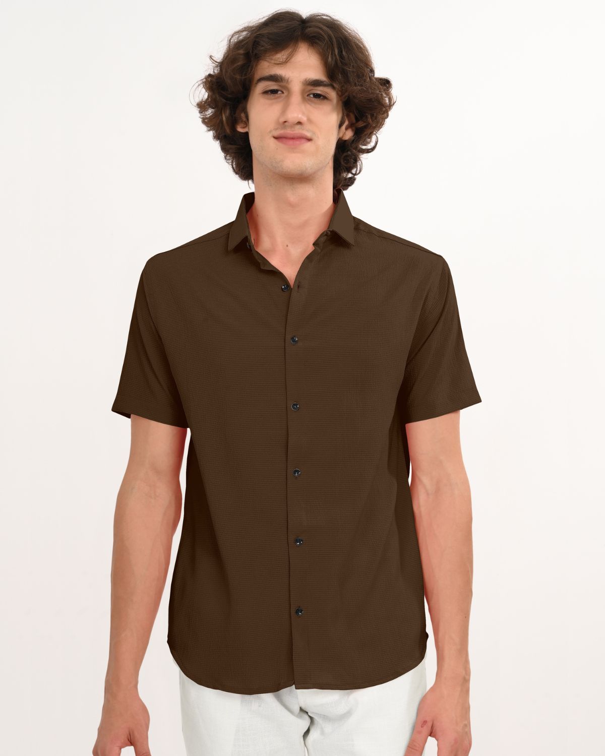 Front view of men’s espresso brown textured short sleeve shirt