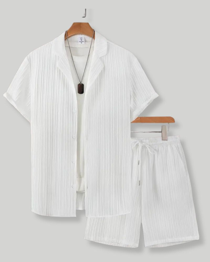 Front view of men's white lounge set with short-sleeve shirt and shorts

