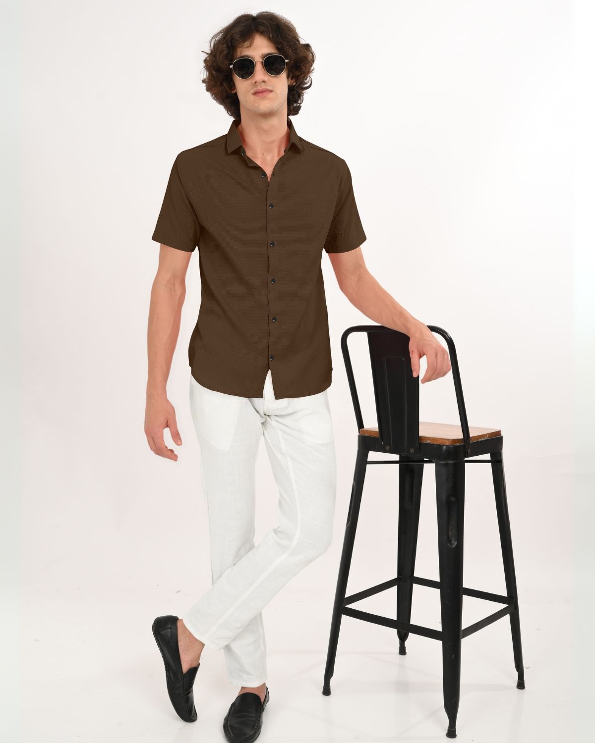 Full look styling men’s brown textured short sleeve shirt with white trousers