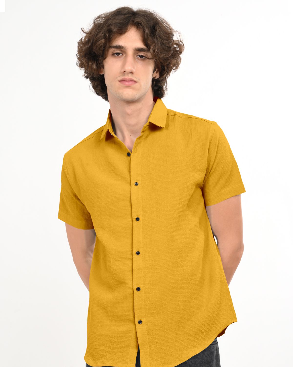 Golden mustard textured button down short sleeve shirt front view