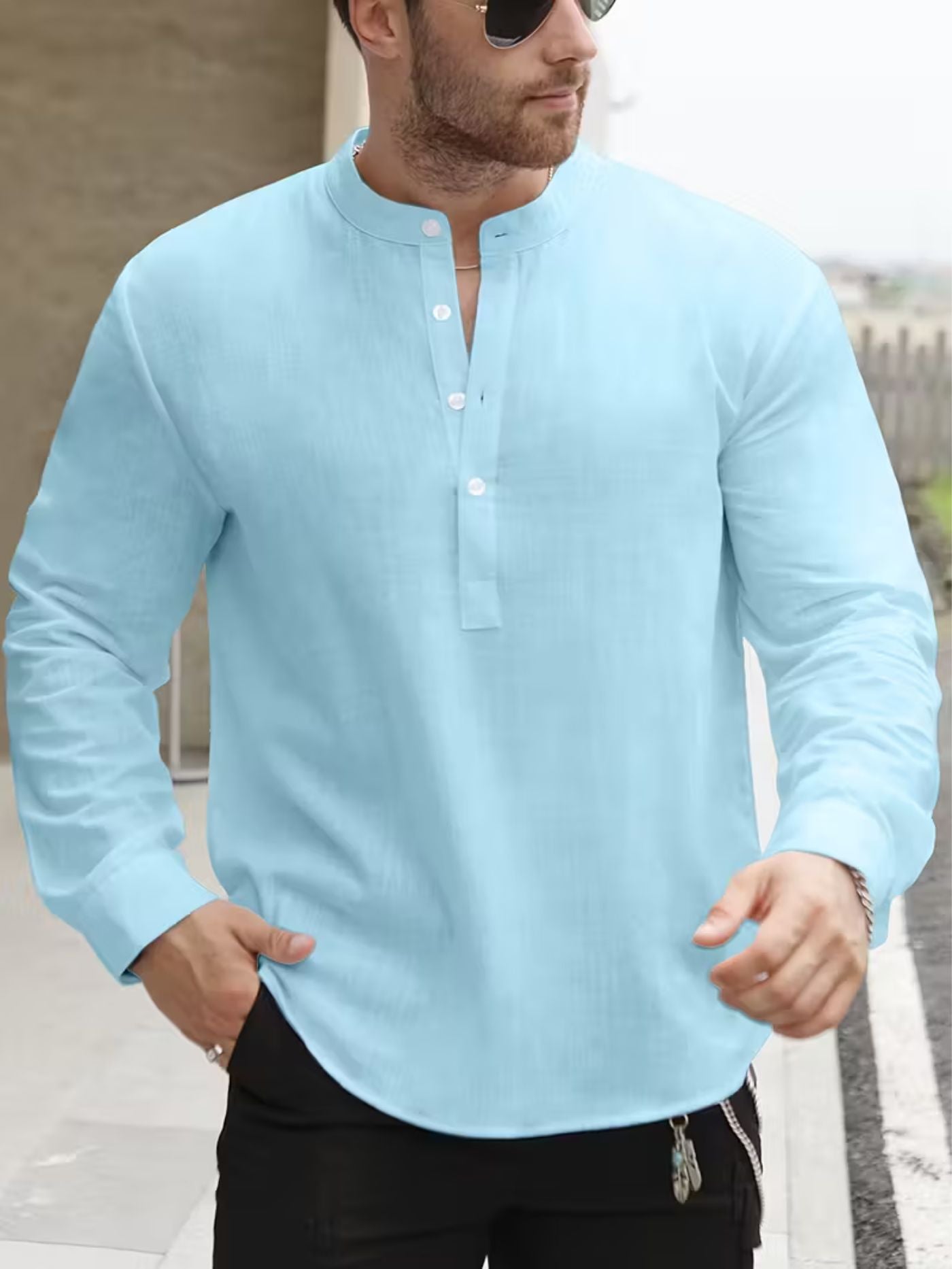Light blue mandarin collar breathable shirt for men