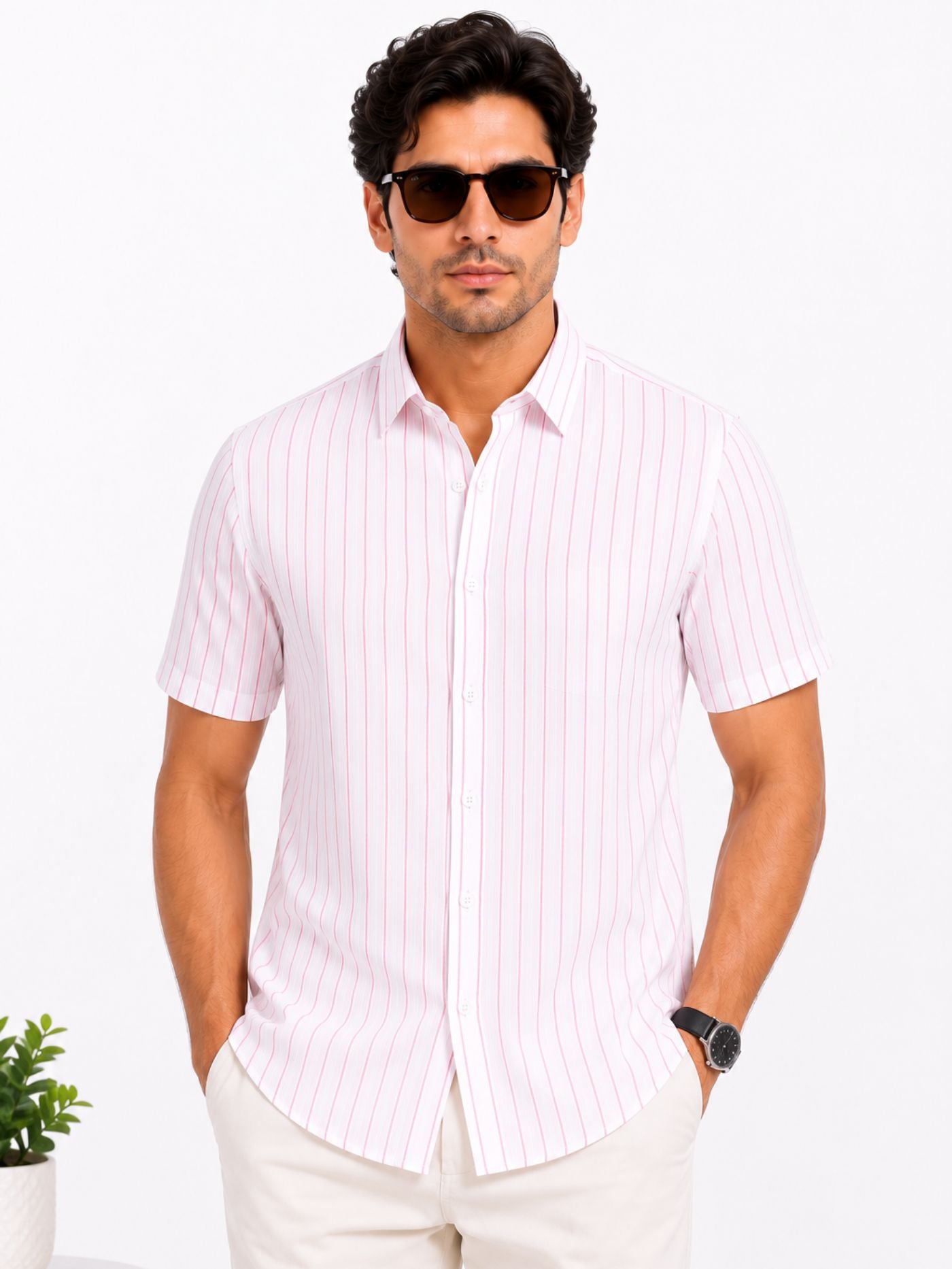 Male model styling the Elio Fine-Stripe Shirt for a smart-casual look