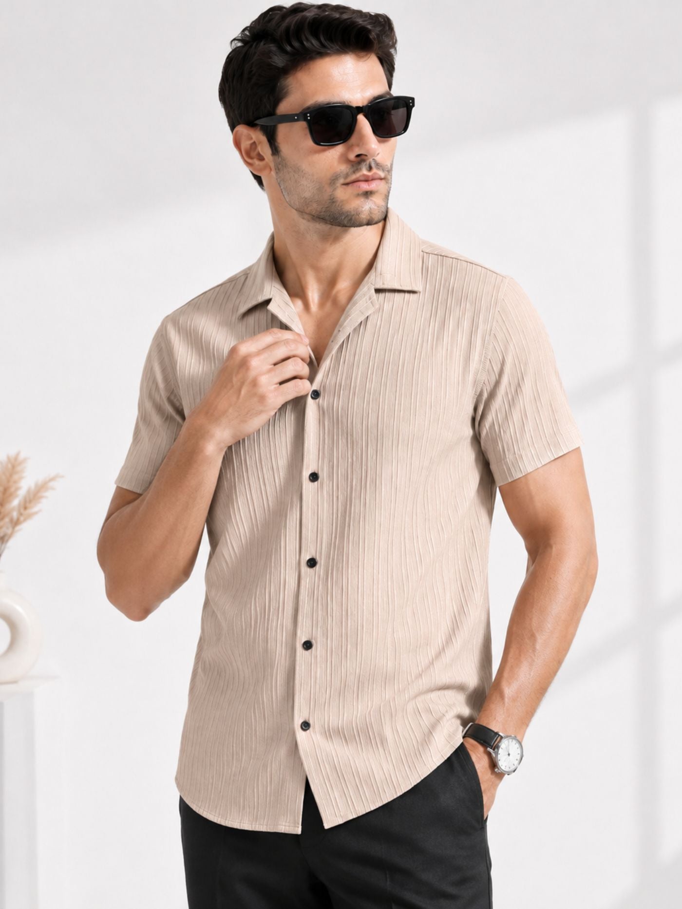 Male model wearing Cottonfolk Solace sand beige air-texture half-sleeve shirt