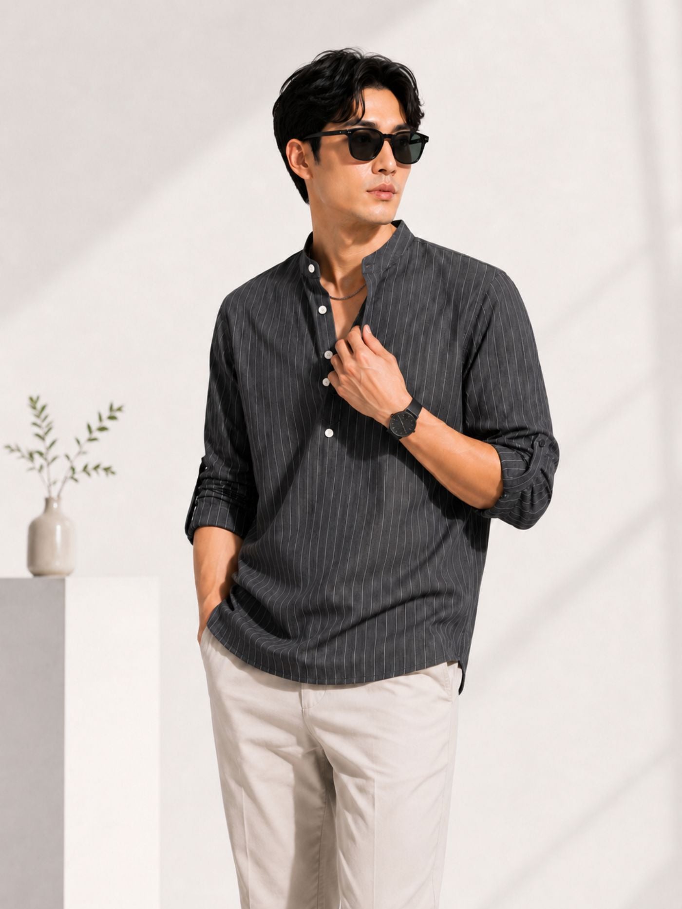 Men's charcoal pinstripe Mandarin collar casual shirt with full sleeves.