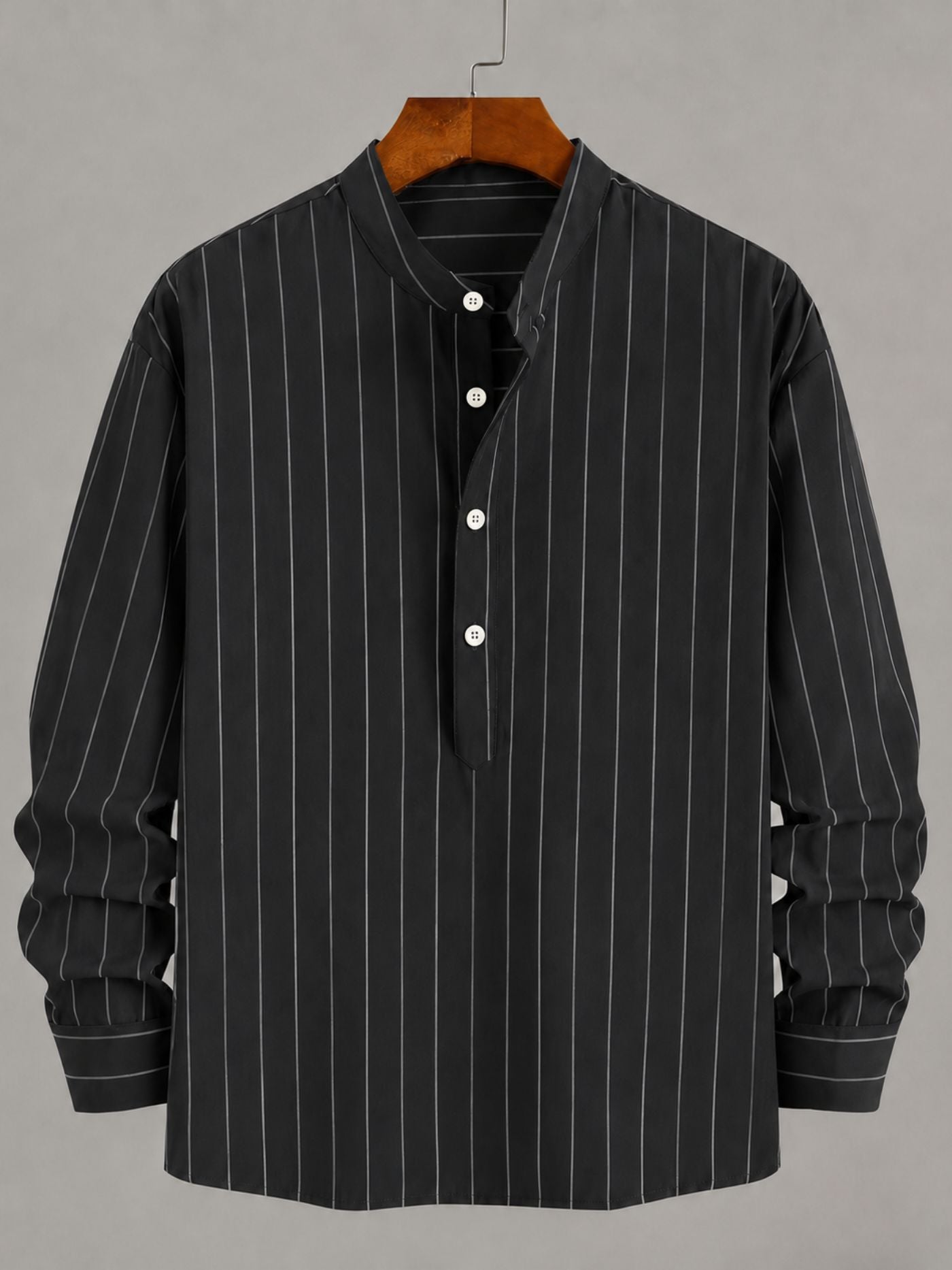 Modern men's Mandarin collar shirt in charcoal with fine vertical stripes.