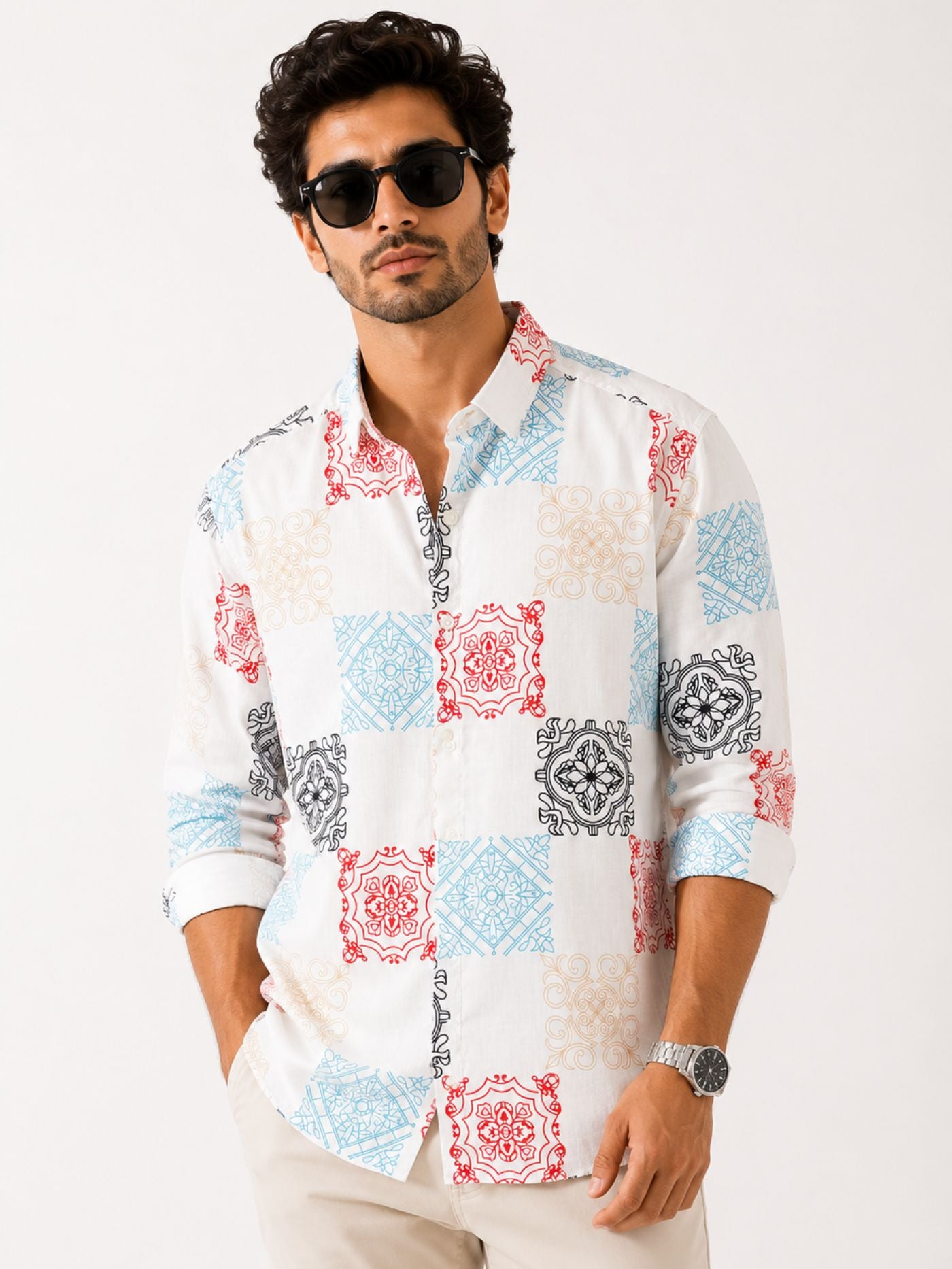 men’s ivory multicolour printed shirt