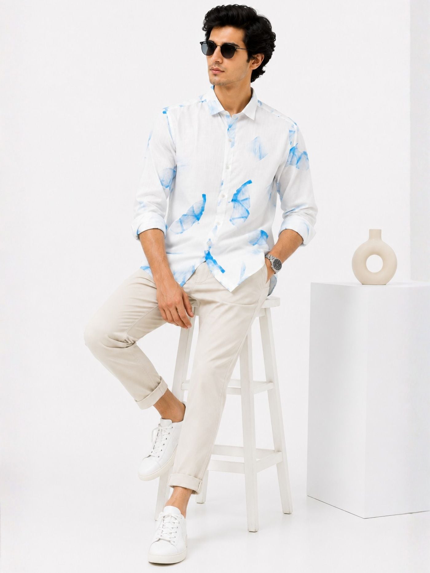 men’s white abstract print full-sleeve shirt