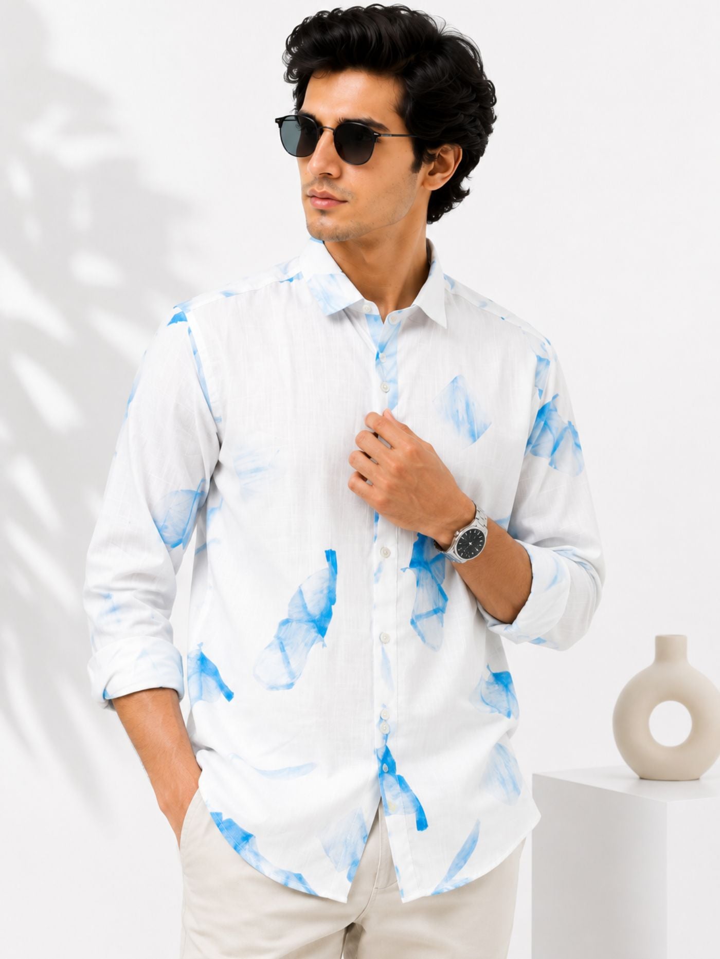 white printed shirt for men for party wear