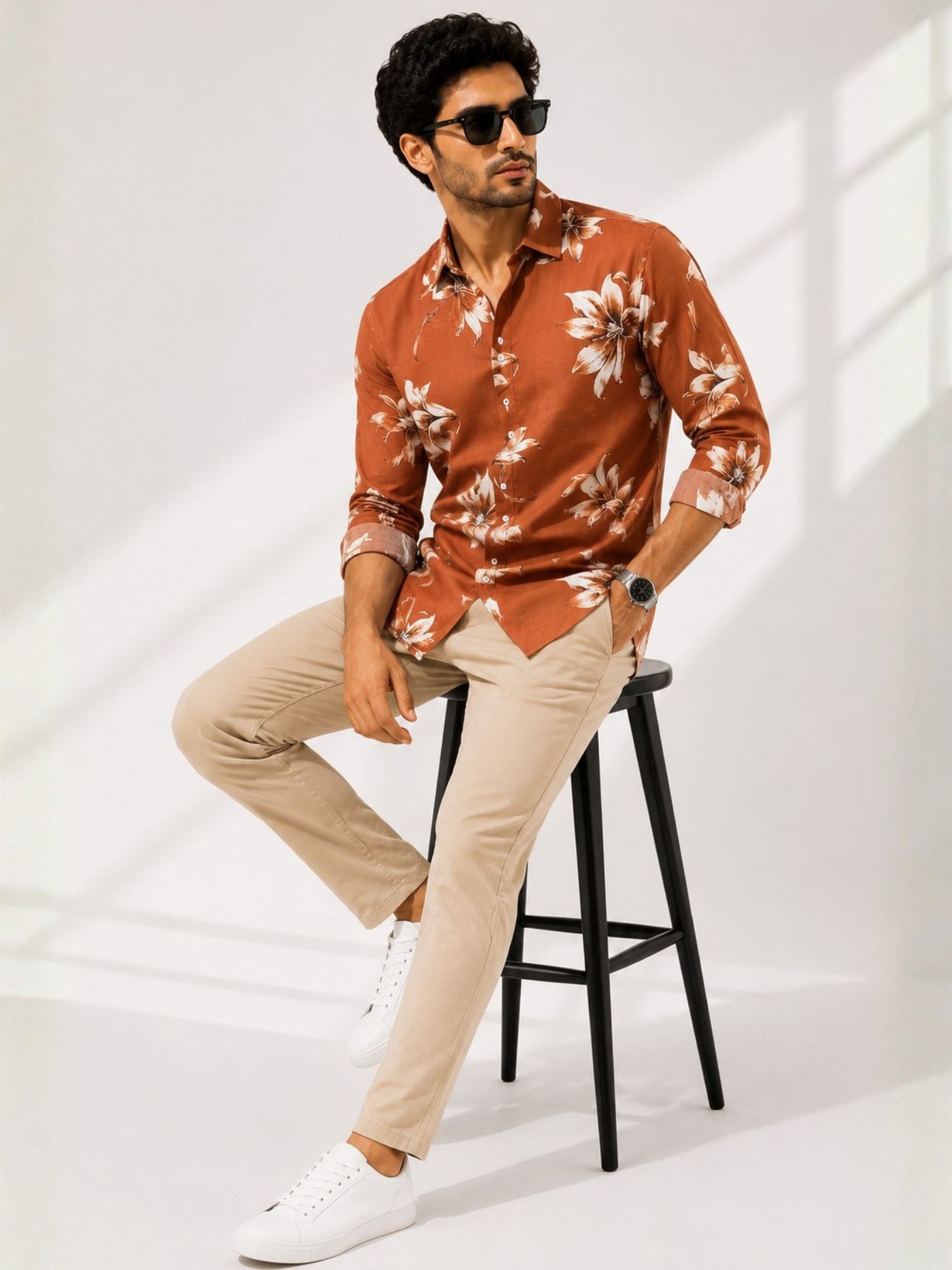 orange flower print shirt