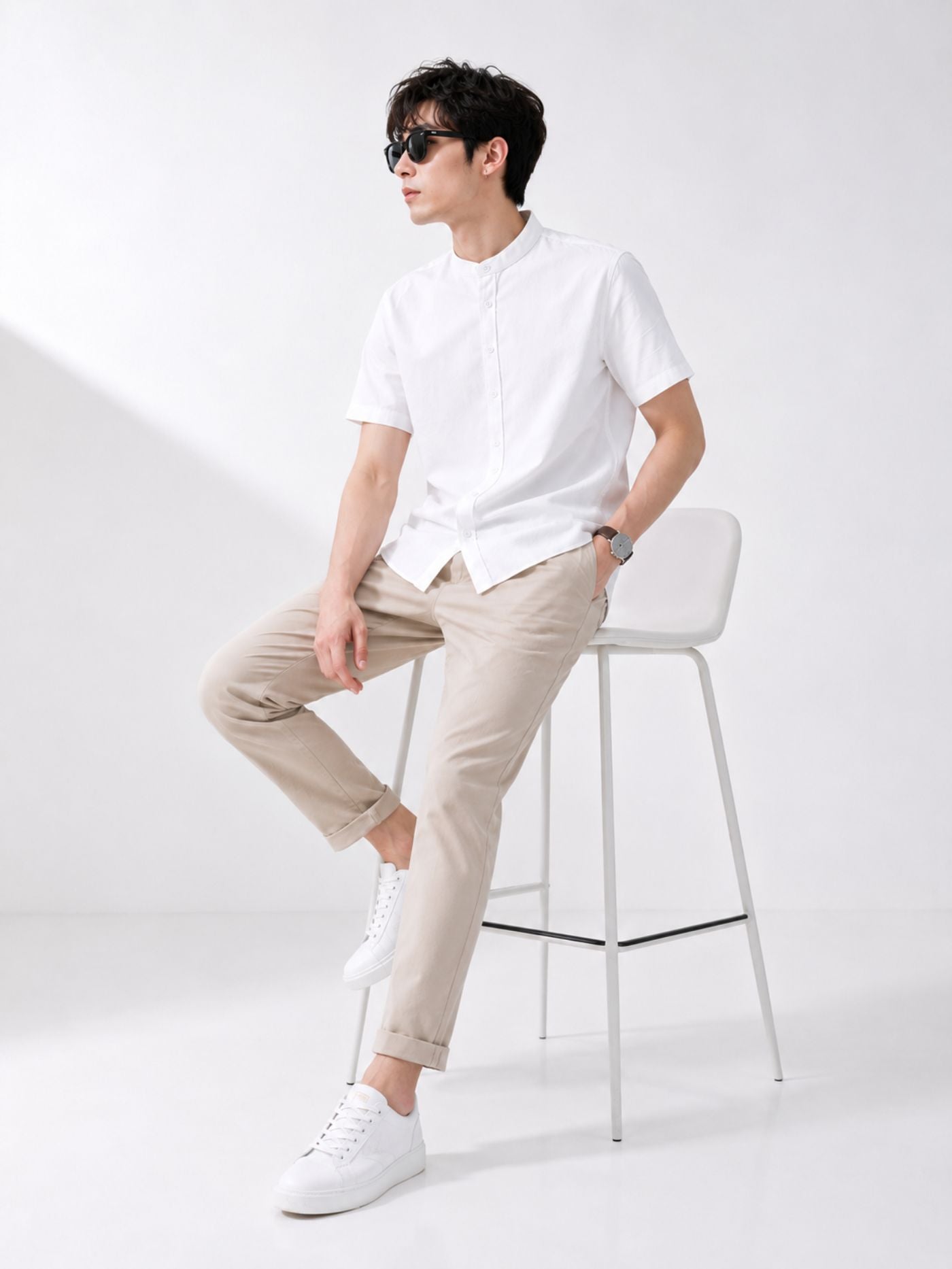 Solid White Premium Shirt with Flax Stand Collar