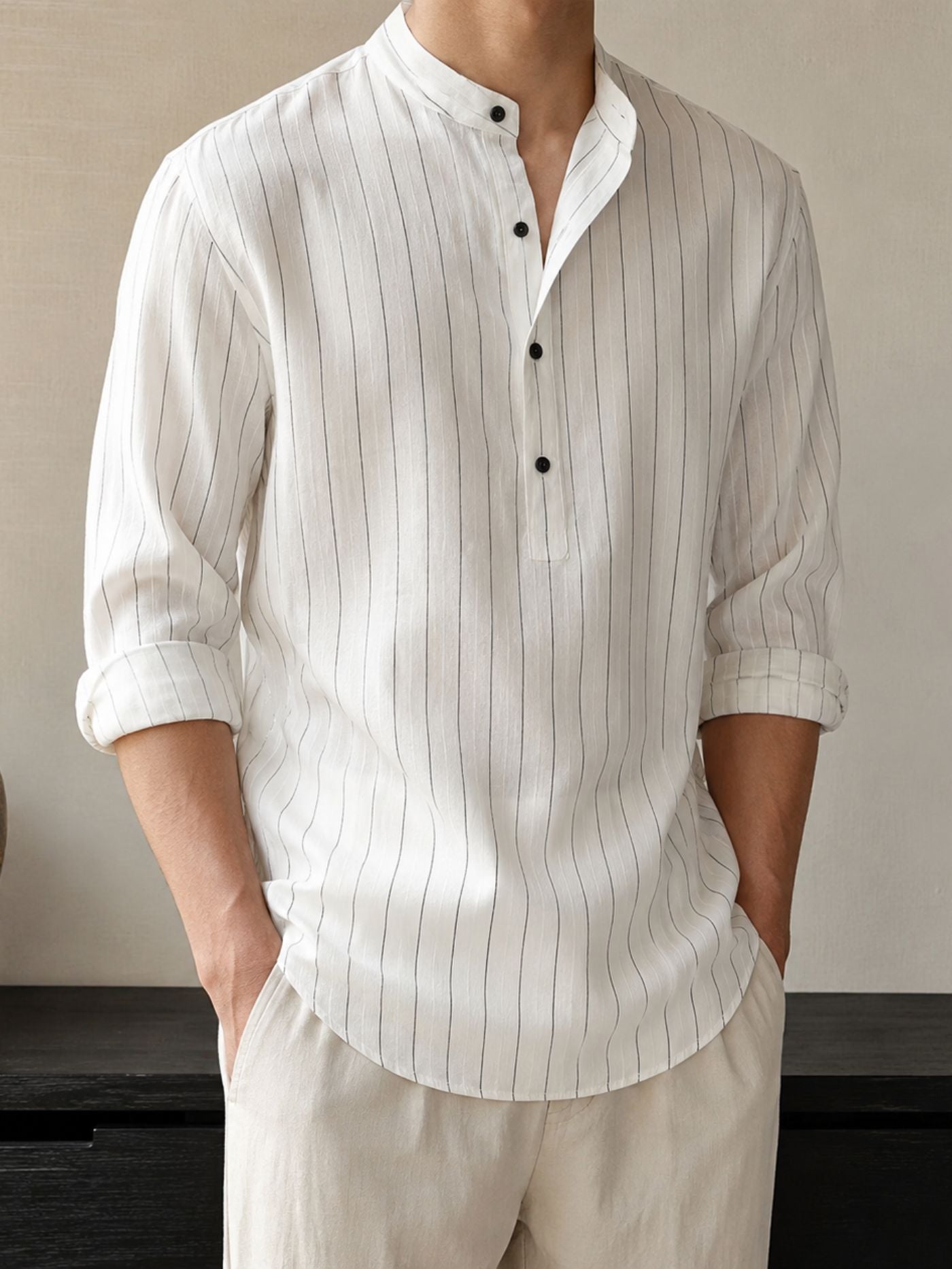 Minimalist white Mandarin collar shirt with fine pinstripe detailing.