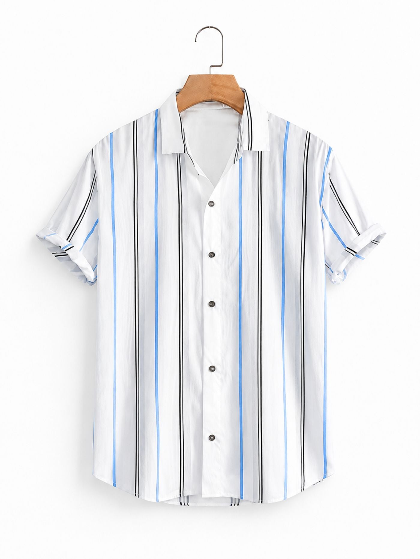 Men's white vertical stripe Cuban collar short sleeve shirt on a wooden hanger.