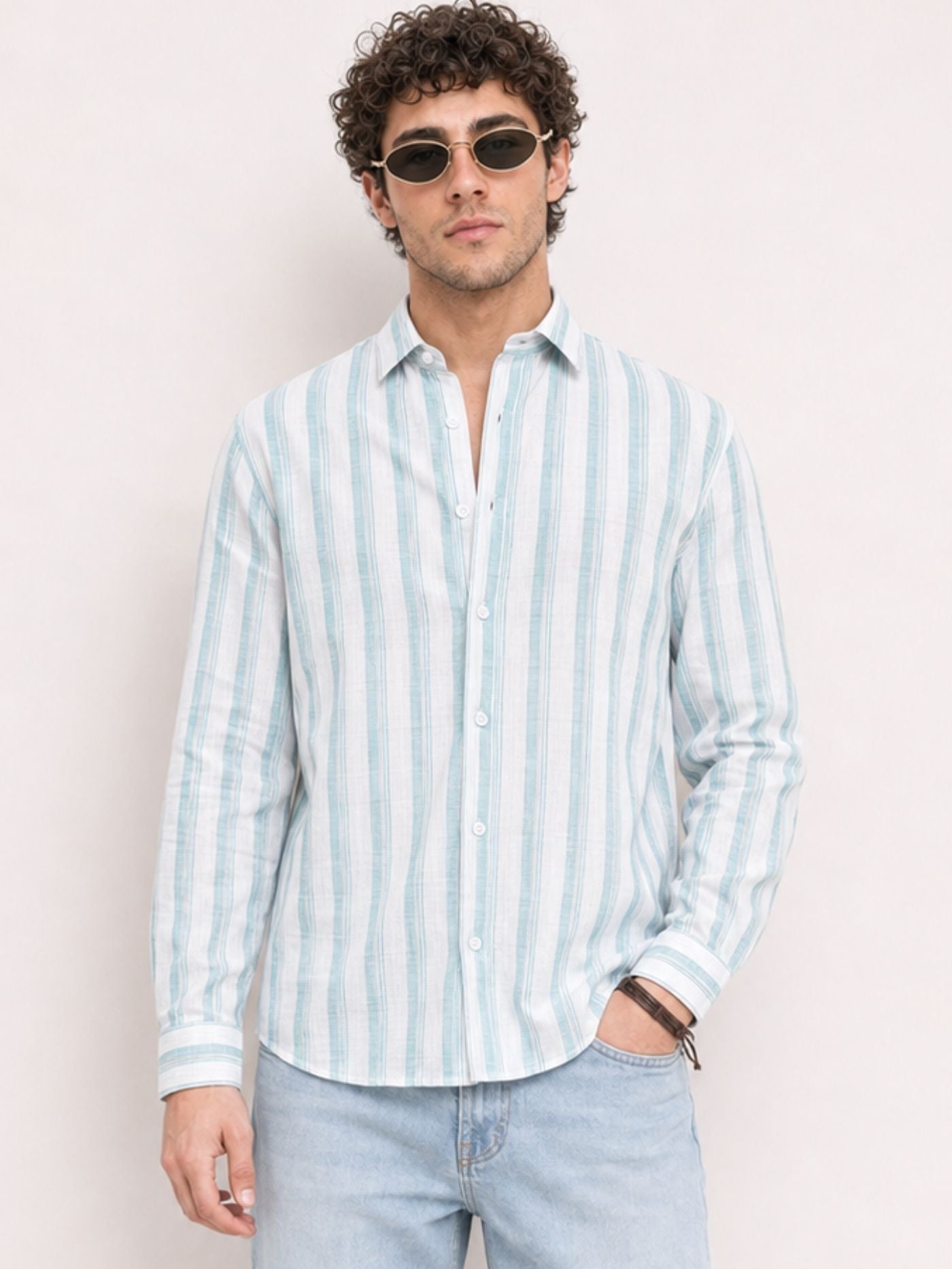 The Maris Premium Stripe Shirt in aqua blue and white