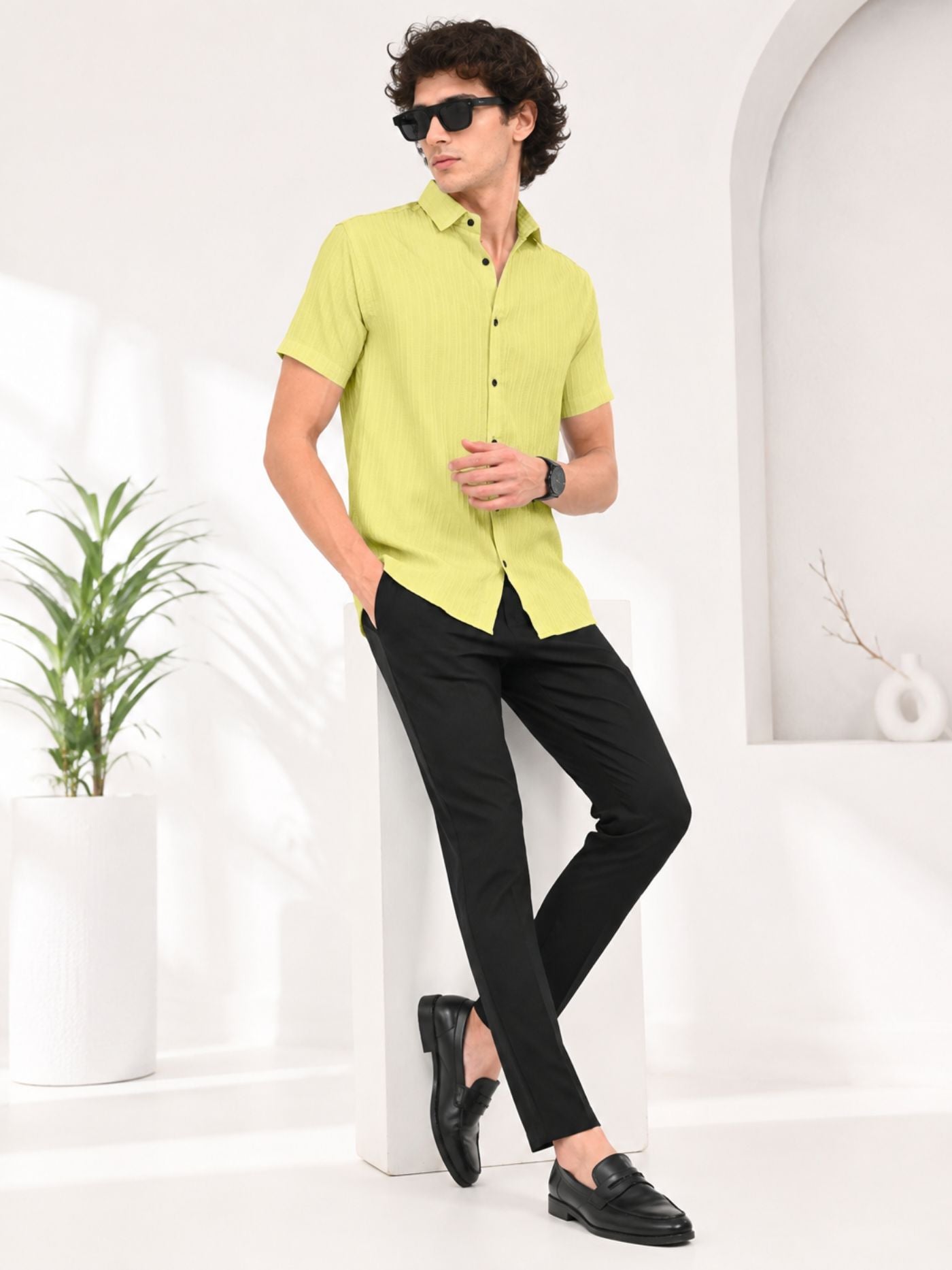Side view of Cottonfolk Lime Zest regular collar half-sleeve shirt