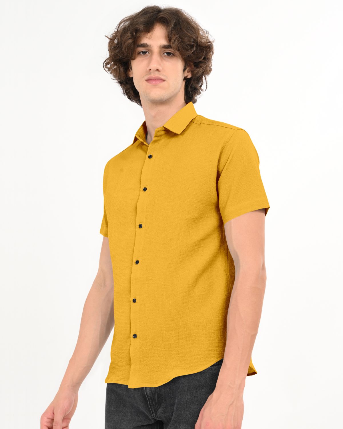 Side view of men’s golden mustard textured short sleeve shirt