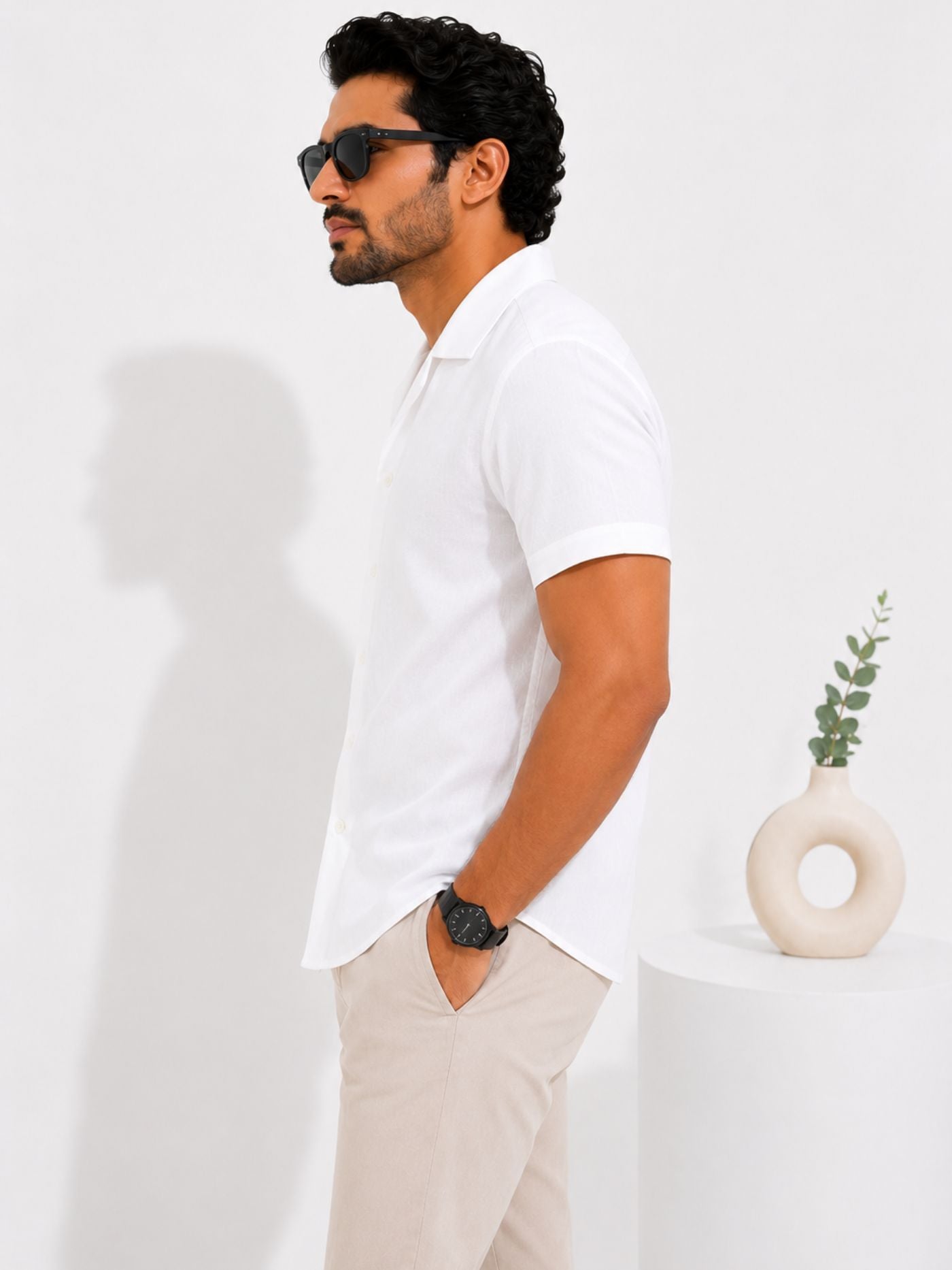 Side view of the Lucent Pure White Cuban Collar Shirt for men