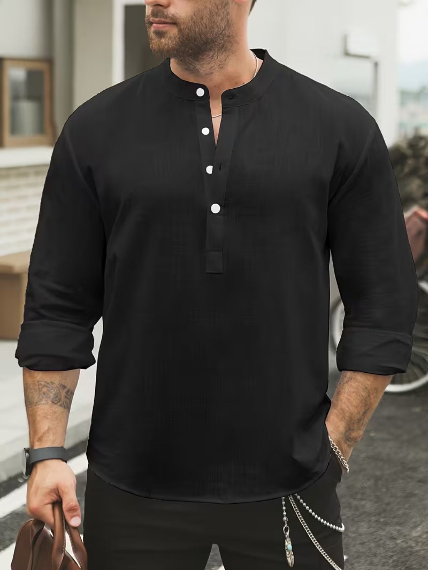 Tailored black summer shirt styled outdoors