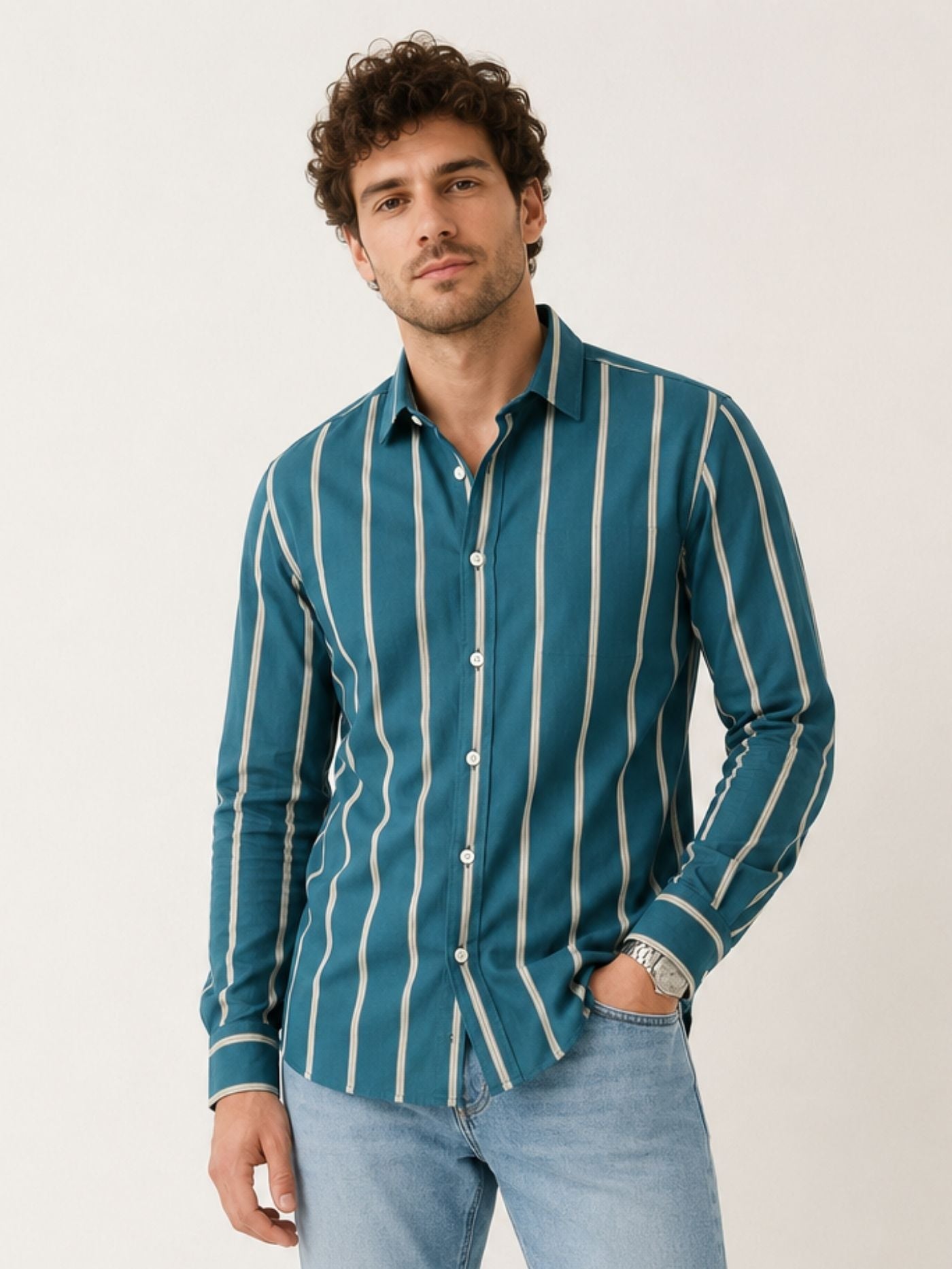 Three-quarter view of Aeron deep teal striped full-sleeve men’s shirt