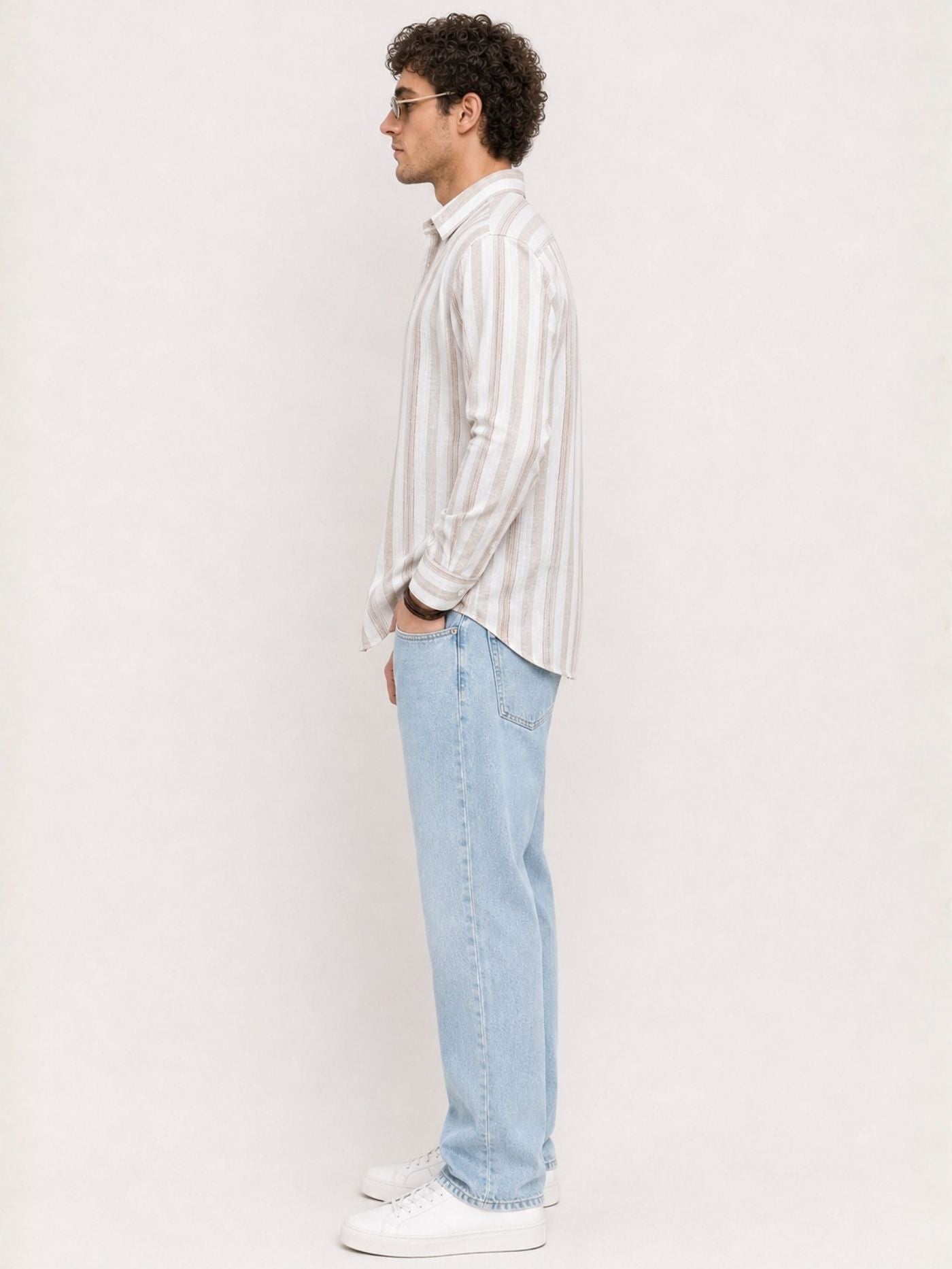 Men’s sand beige striped full-sleeve shirt