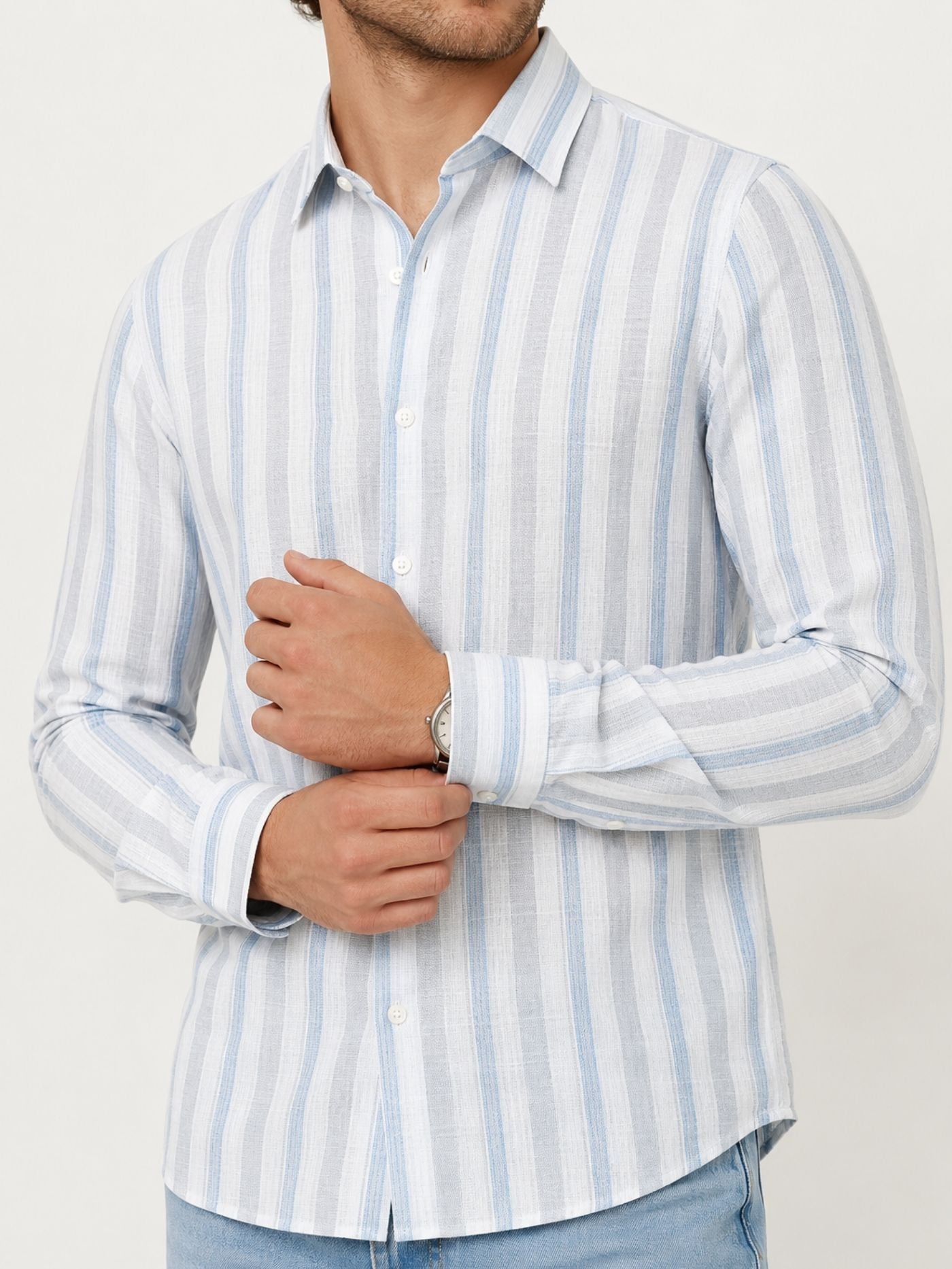 Front detail of Caelum white and sky blue striped full-sleeve shirt for men