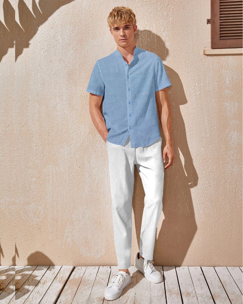 light blue collarless shirt

